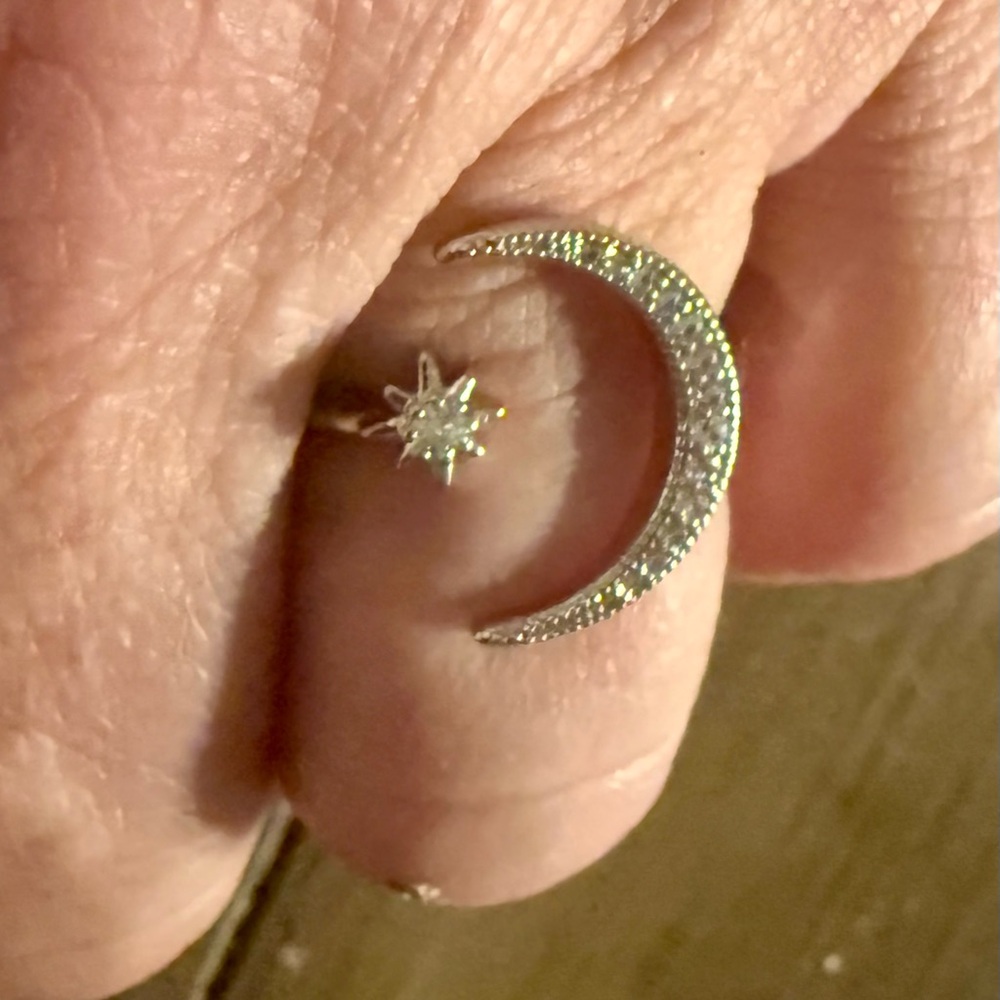 Sterling Forever Pave Crystal Crescent Moon & Star Ladies Adjustable Open Ring